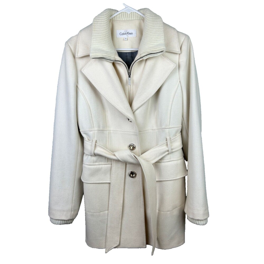 Calvin Klein Wool Blend Peacoat Trench Coat Cream Belted Collared Button Front 8